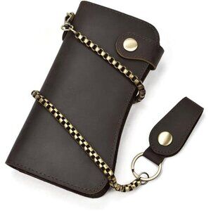 Men's Genuine Leather Long Wallet Chain Wallet, Engraved Bifold Wallet